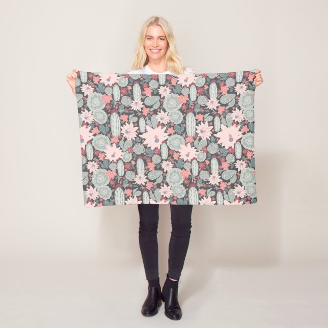Cactus Succulent Plants Pattern In Mint And Pinks Fleece Blanket (In Situ)