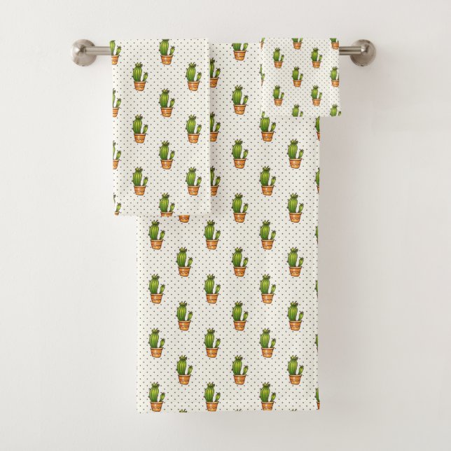 Cactus & Succulent Polk Dot Pattern Bath Towel Set (Insitu)