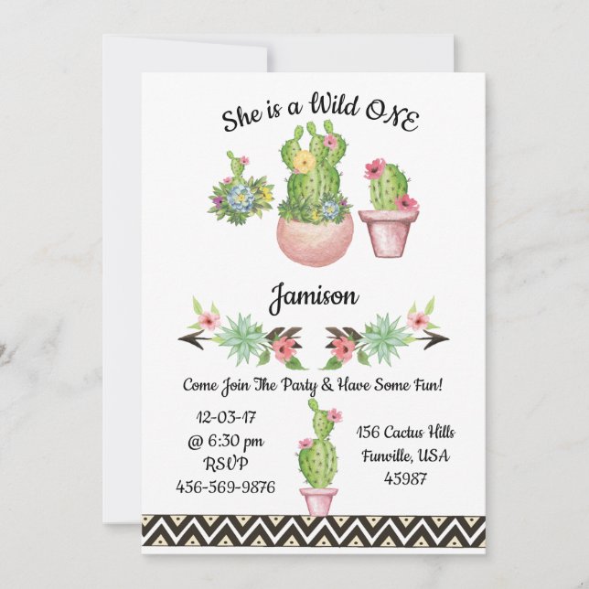 Cactus Succulent Southwestern Wild One Invite (Front)