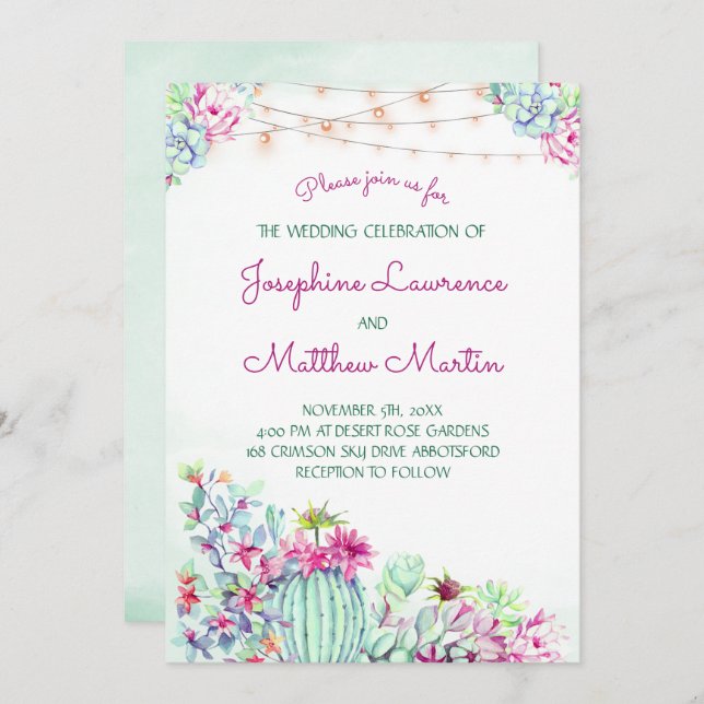 Cactus Succulent String Lights Wedding Invitations (Front/Back)