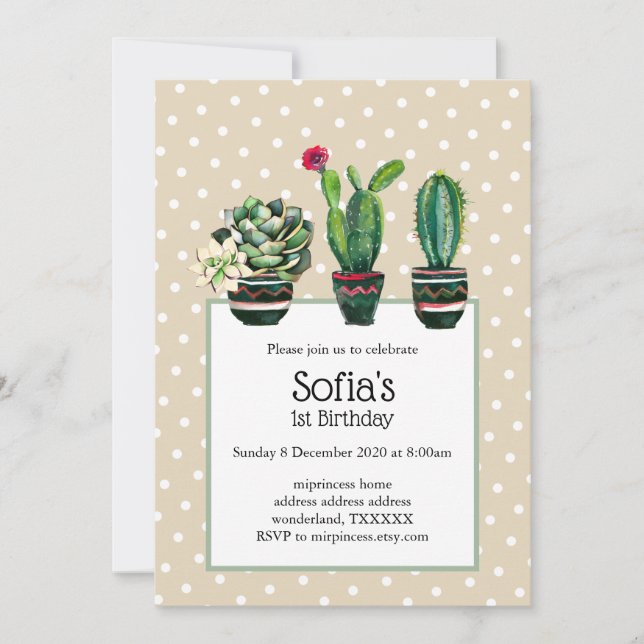 cactus, succulent, watercolor, fiesta, birthday invitation (Front)