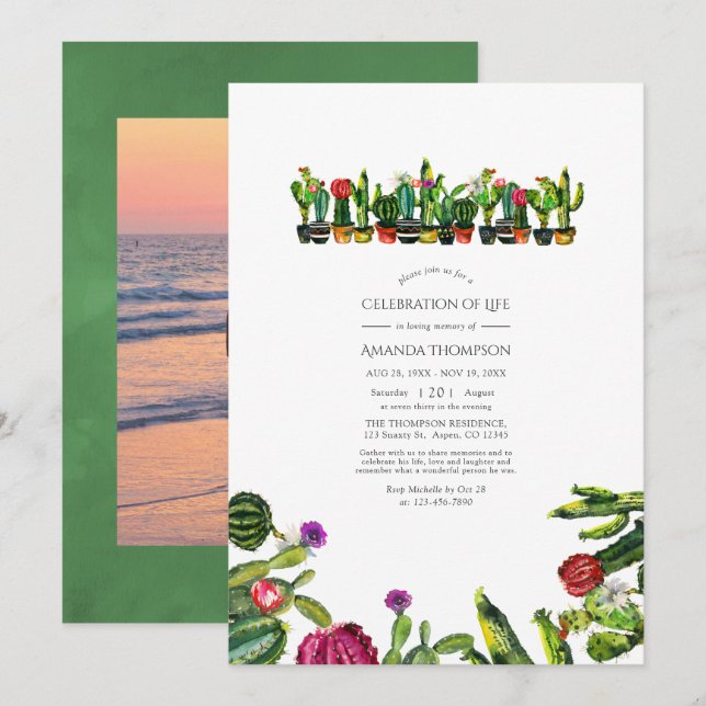 Cactus Succulents Celebration of Life Photo Invitation (Front/Back)