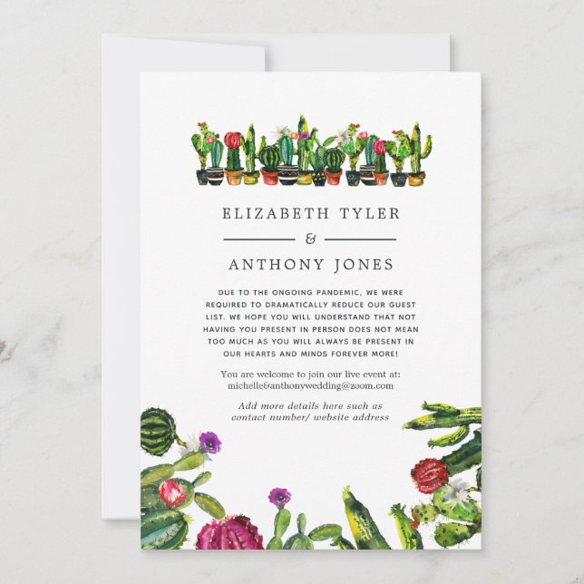 Cactus Succulents Fiesta Reduced Wedding Guests Announcement (Front)