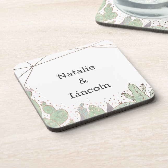 Cactus & Succulents Geometric Wedding Monogram Coaster (Left Side)