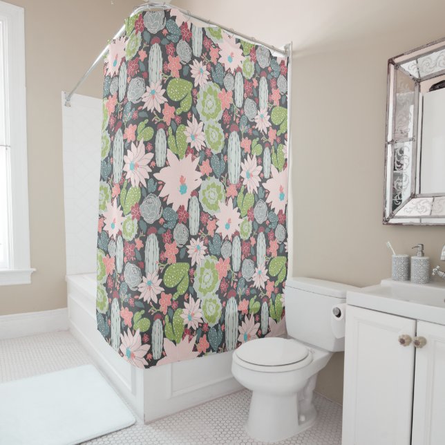Cactus Succulents Green Pink Pattern Shower Curtain (In Situ)