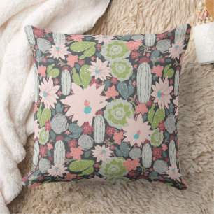 Cactus Succulents Green Pinks Blue Pattern Cushion