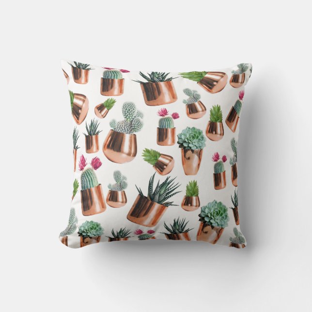 Cactus & Succulents in Rose Gold Pots Cushion (Front)