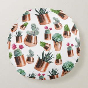 Cactus & Succulents in Rose Gold Pots Round Cushion