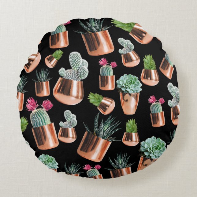 Cactus & Succulents in Rose Gold Pots Round Cushion (Front)