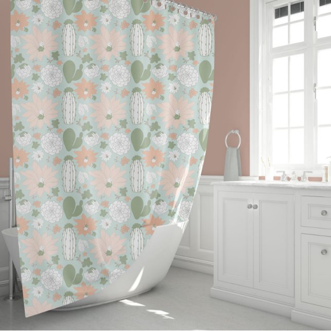 Cactus Succulents Peach Green Floral Shower Curtain (Cactus Succulents Peach Green Floral Shower Curtain from Studio Posies.)
