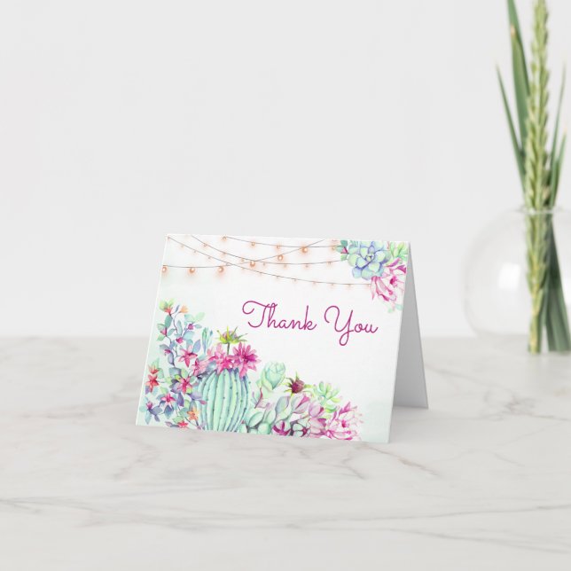 Cactus Succulents String Lights Wedding Thank You Card (Front)