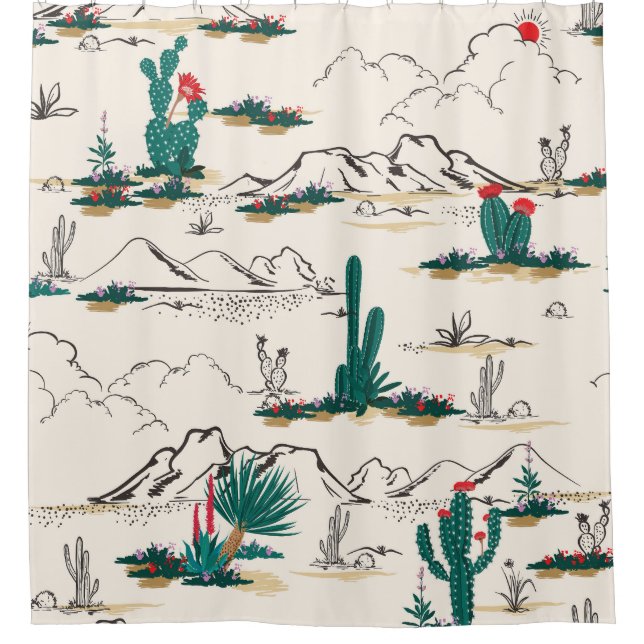 Cactus Succulents: Vintage Desert Floral. Shower Curtain (Front)