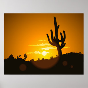 Cactus Sunset Vector Illustration - Poster