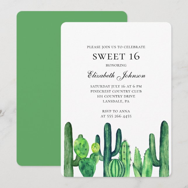 Cactus sweet 16. Green cacti modern 16th birthday Invitation (Front/Back)