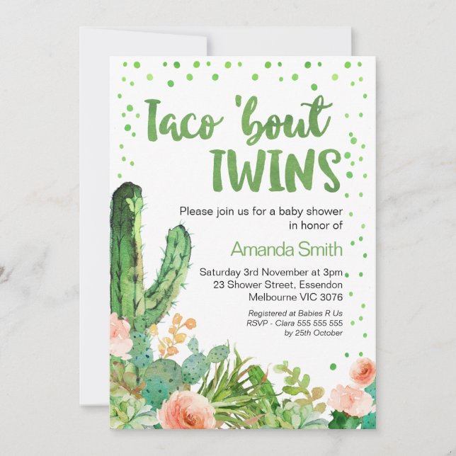 Cactus Taco 'Bout Twins Fiesta Baby Shower Invitation (Front)