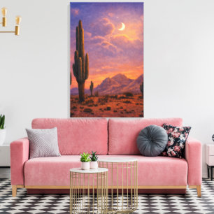 Cactus Under Moon At Sunset Southwestern Art Canvas Print