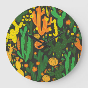 Cactus vintage: black seamless pattern. large clock