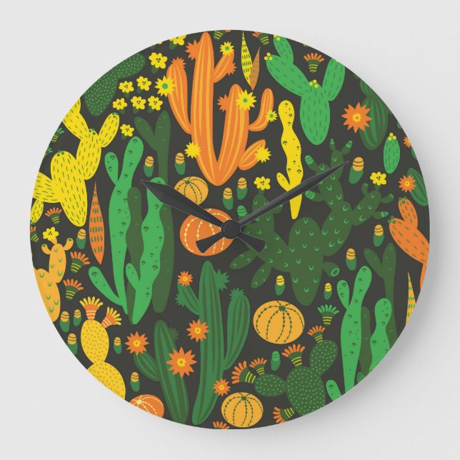 Cactus vintage: black seamless pattern. large clock (Front)