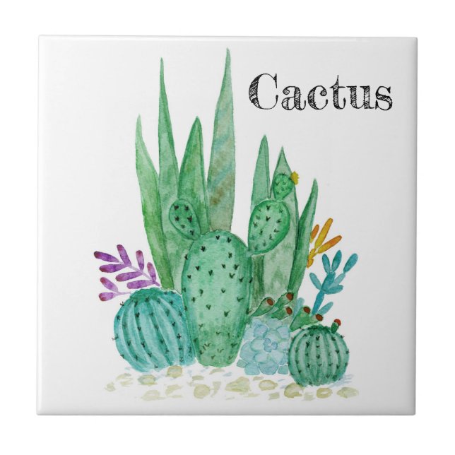 Cactus watercolor cacti flowers floral desert illu tile (Front)