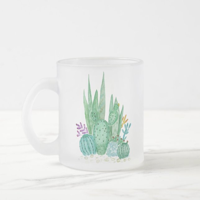 Cactus, watercolor frosted glass coffee mug (Left)