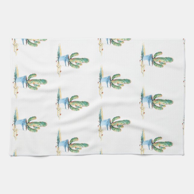 Cactus watercolor kitchen bath tea towel (Horizontal)