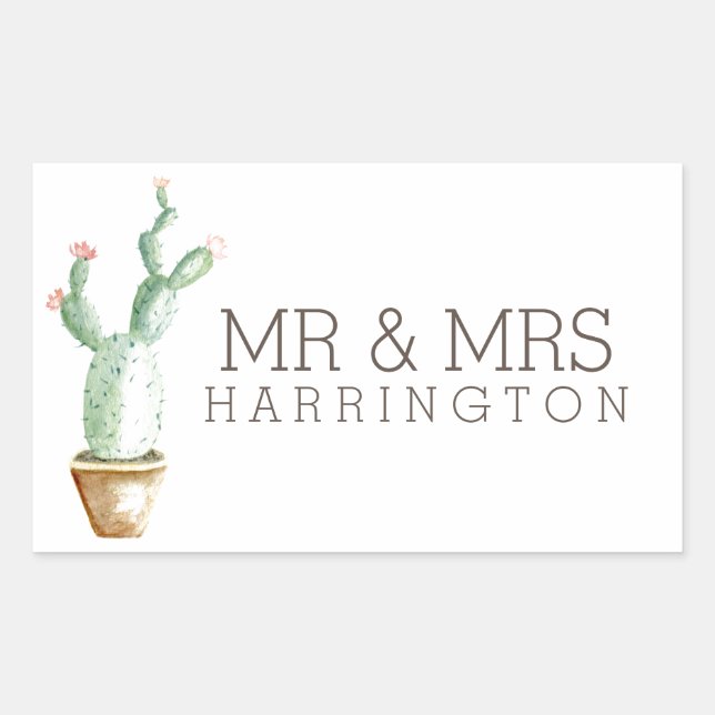 Cactus Watercolor | Mr & Mrs Rectangular Sticker (Front)