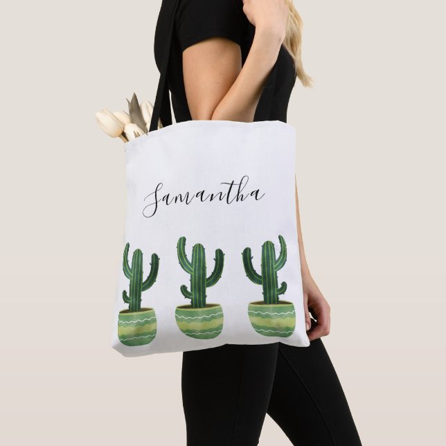 Cactus Watercolor Name Tote (Close Up)
