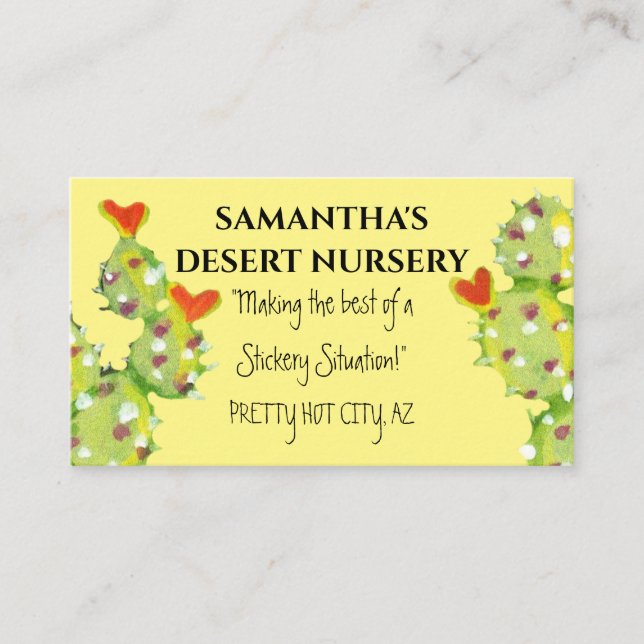 Cactus Watercolor Red Heart Flowers Yellow Desert Business Card (Front)