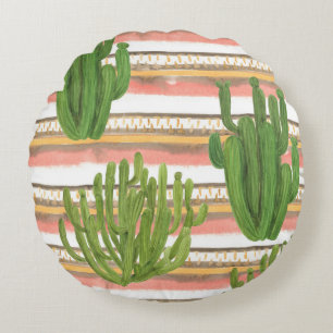 Cactus watercolor, stripe background, seamless pat round cushion