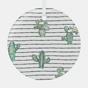 Cactus Watercolor: Vintage Pen Drawing. Glass Tree Decoration