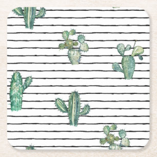 Cactus Watercolor: Vintage Pen Drawing. Square Paper Coaster