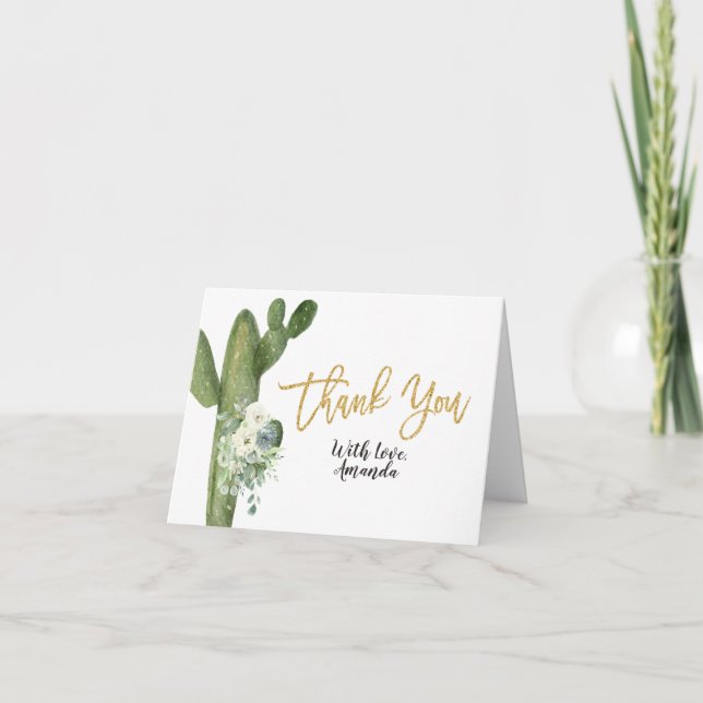 Cactus White Floral Bridal Shower Thank You card (Front)
