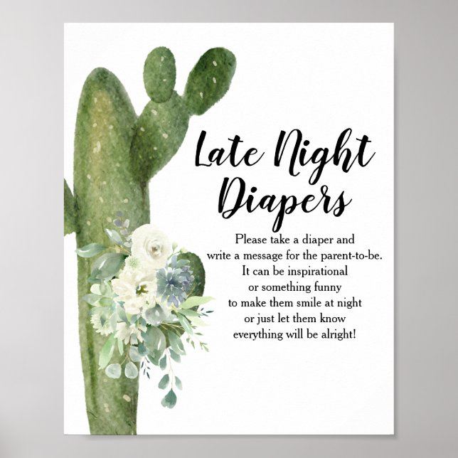 Cactus White Flowers Late Night Diapers Sign (Front)