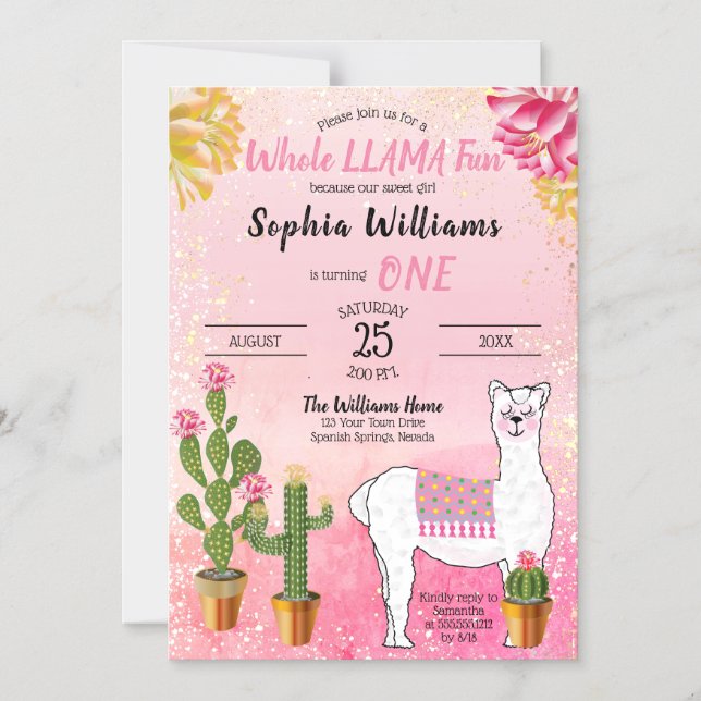 Cactus | Whole Llama Fun Girl 1st Birthday Party Magnetic Invitation (Front)