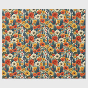 Cactus Wild Flowers Red Cream Florals Decoupage Wrapping Paper