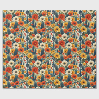 Cactus Wild Flowers Red Cream Florals Decoupage Wrapping Paper