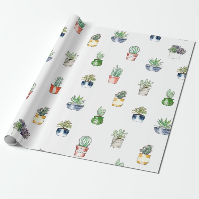 Cactus with planters pattern wrapping paper (Unrolled)