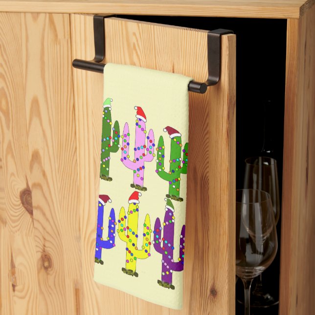 Cactus With Santa Hats Christmas Tea Towel (Thirds Fold)