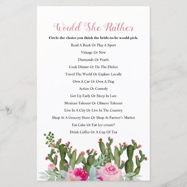 CACTUS Would She Rather Bridal Shower Game (Front)