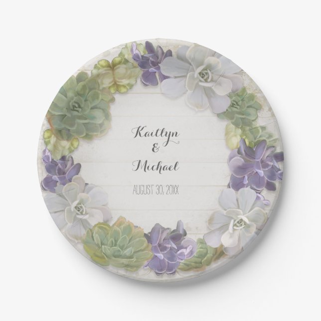 Cactus Wreath Leaf Succulent Wooden Bridal Shower Paper Plate (Front)