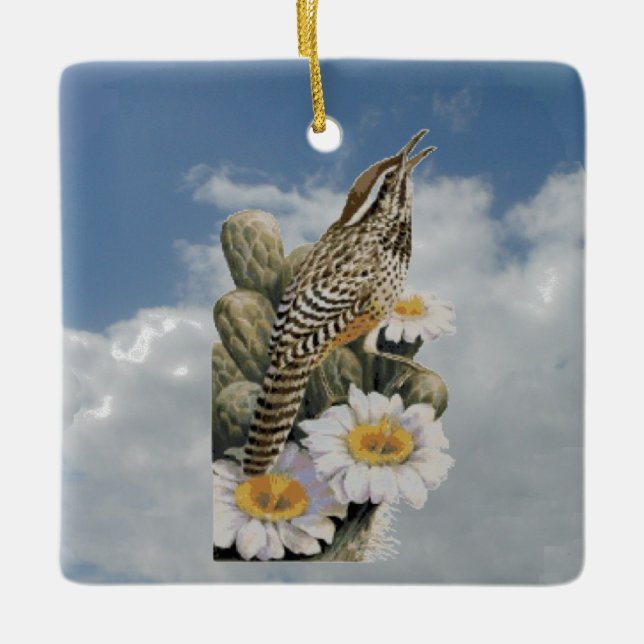 Cactus Wren Ceramic Ornament (Front)