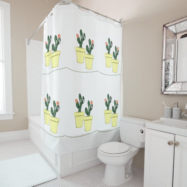 Cactus Yellow Pots Floral Shower Curtain (In Situ)
