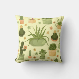 Cactuses and succulents seamless pattern. Housepla Cushion