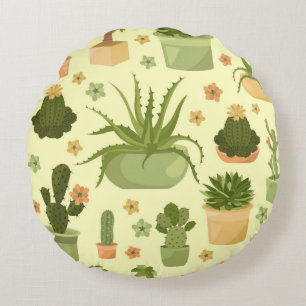 Cactuses and succulents seamless pattern. Housepla Round Cushion