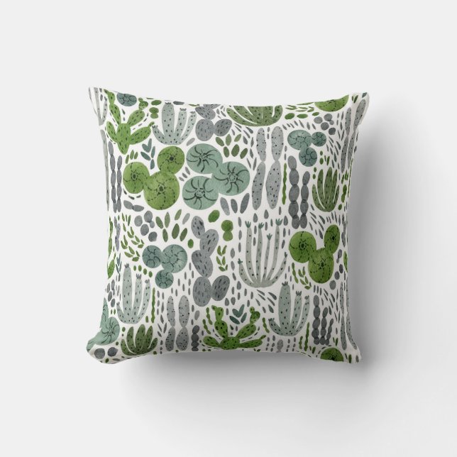 Cactuses Watercolor Hand Painted Pattern Cushion (Front)