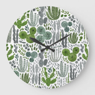 Cactuses Watercolor Hand Painted Pattern Large Clock