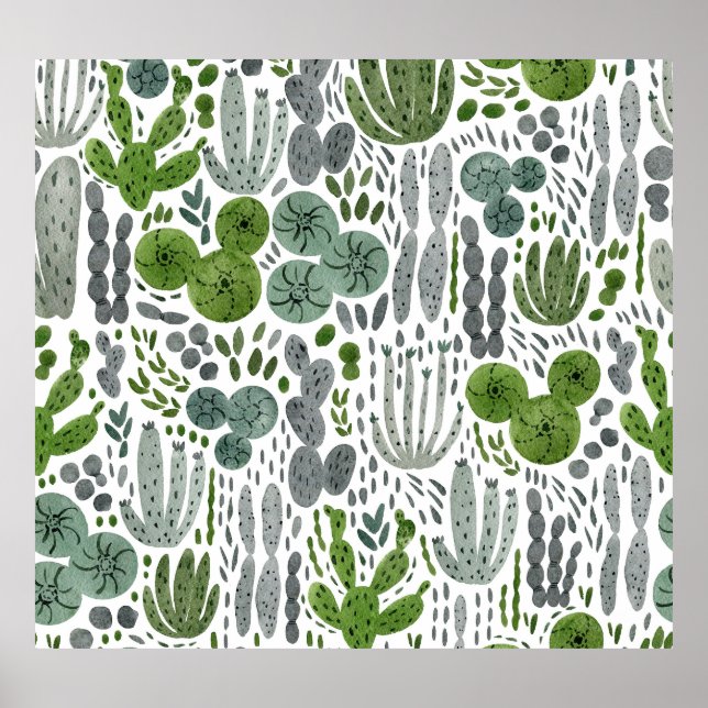 Cactuses Watercolor Hand Painted Pattern Poster (Front)
