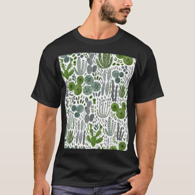 Cactuses Watercolor Hand Painted Pattern T-Shirt (Front)