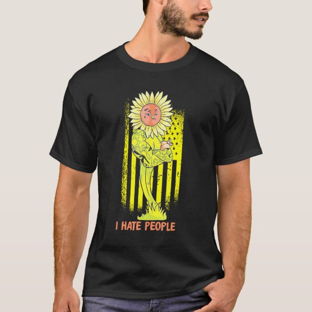 Cactusi And Sunflower I Hate People American Flag  T-Shirt (Front)