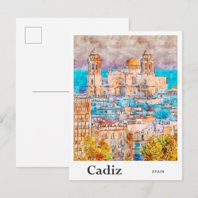 Cadiz Spain Travel Watercolor Hand Drawn Postcard (Front/Back)